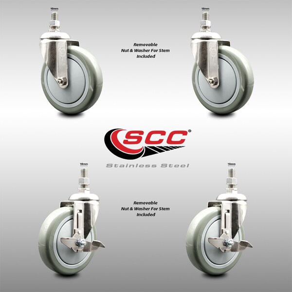 Service Caster 5 Inch 316SS Gray Polyurethane Swivel 10mm Threaded Stem Caster Brake, 2PK SCC-SS316TS20S514-PPUB-M1015-2-TLB-2 - main
